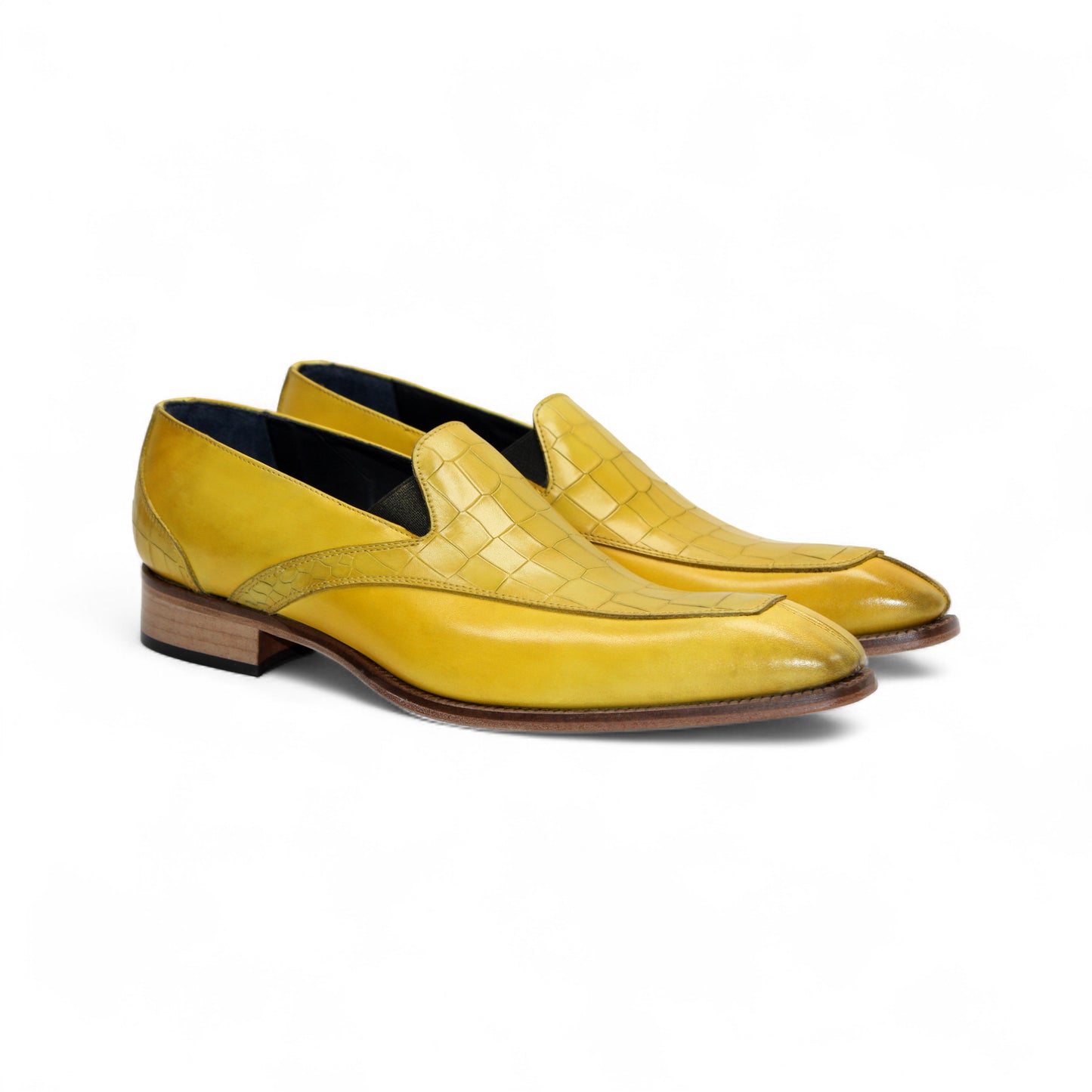 The Duca Di Matiste Duca Trento Yellow is a yellow leather slip-on dress shoe with croco embossing and a wooden sole, shown side view on a white background.
