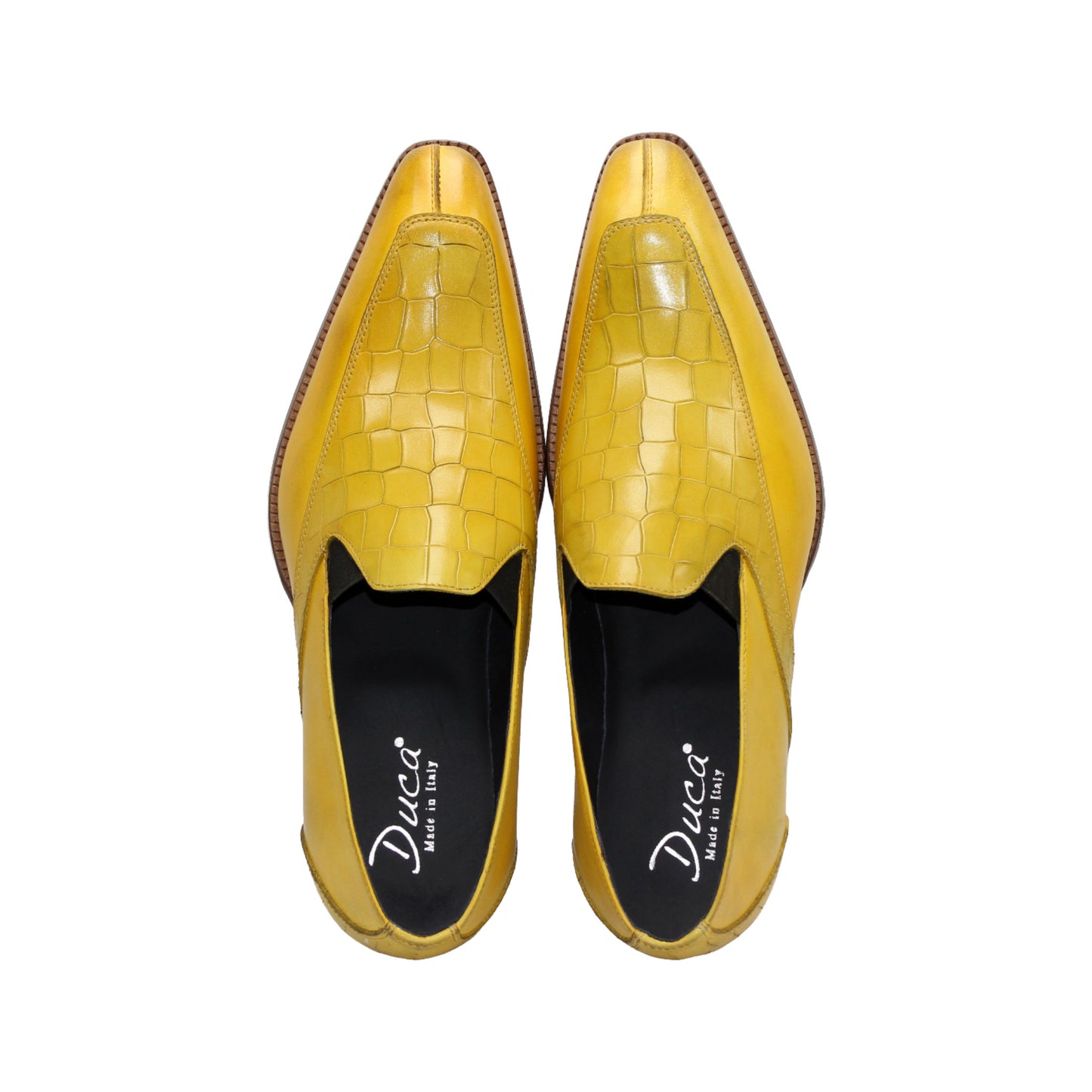 The Duca Di Matiste Duca Trento Yellow is a yellow leather slip-on dress shoe with croco embossing and a wooden sole, shown side view on a white background.