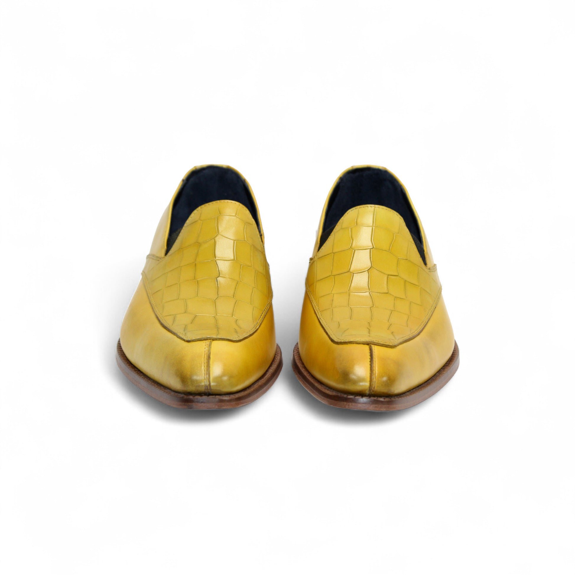 The Duca Di Matiste Duca Trento Yellow is a yellow leather slip-on dress shoe with croco embossing and a wooden sole, shown side view on a white background.