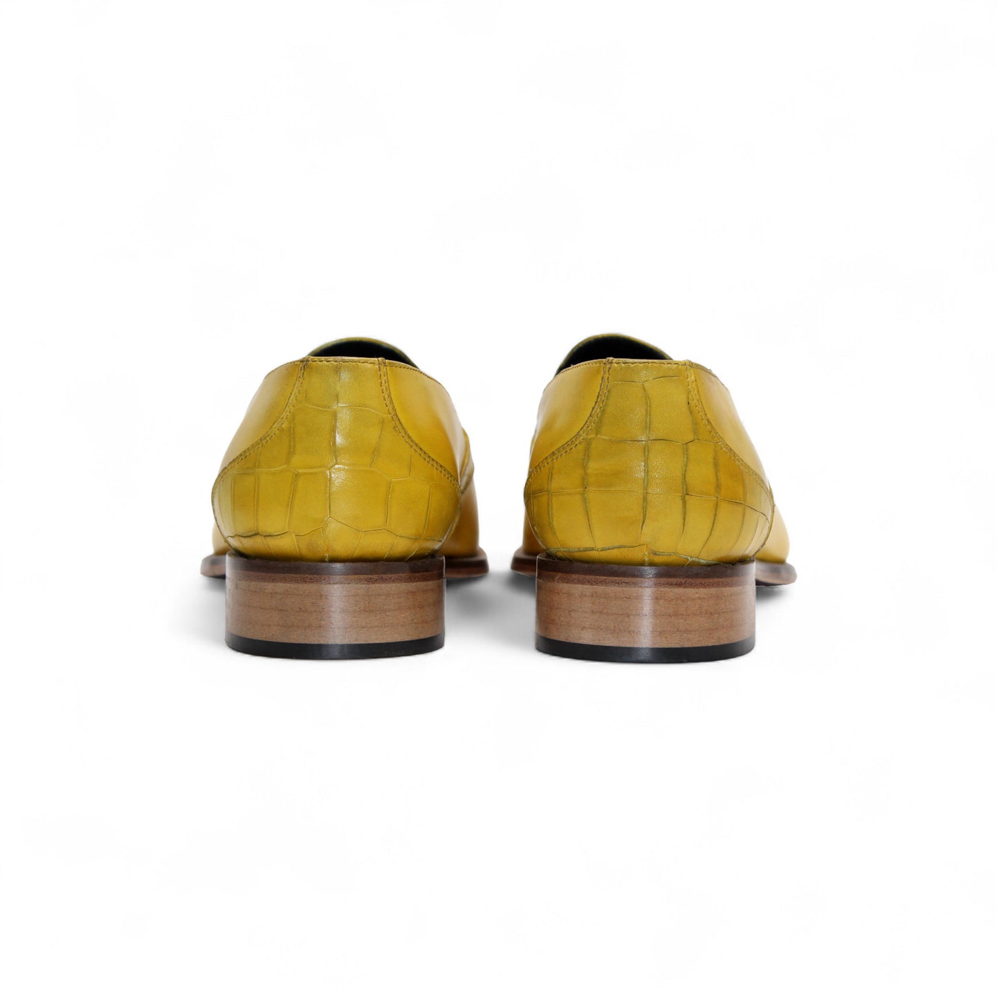 The Duca Di Matiste Duca Trento Yellow is a yellow leather slip-on dress shoe with croco embossing and a wooden sole, shown side view on a white background.