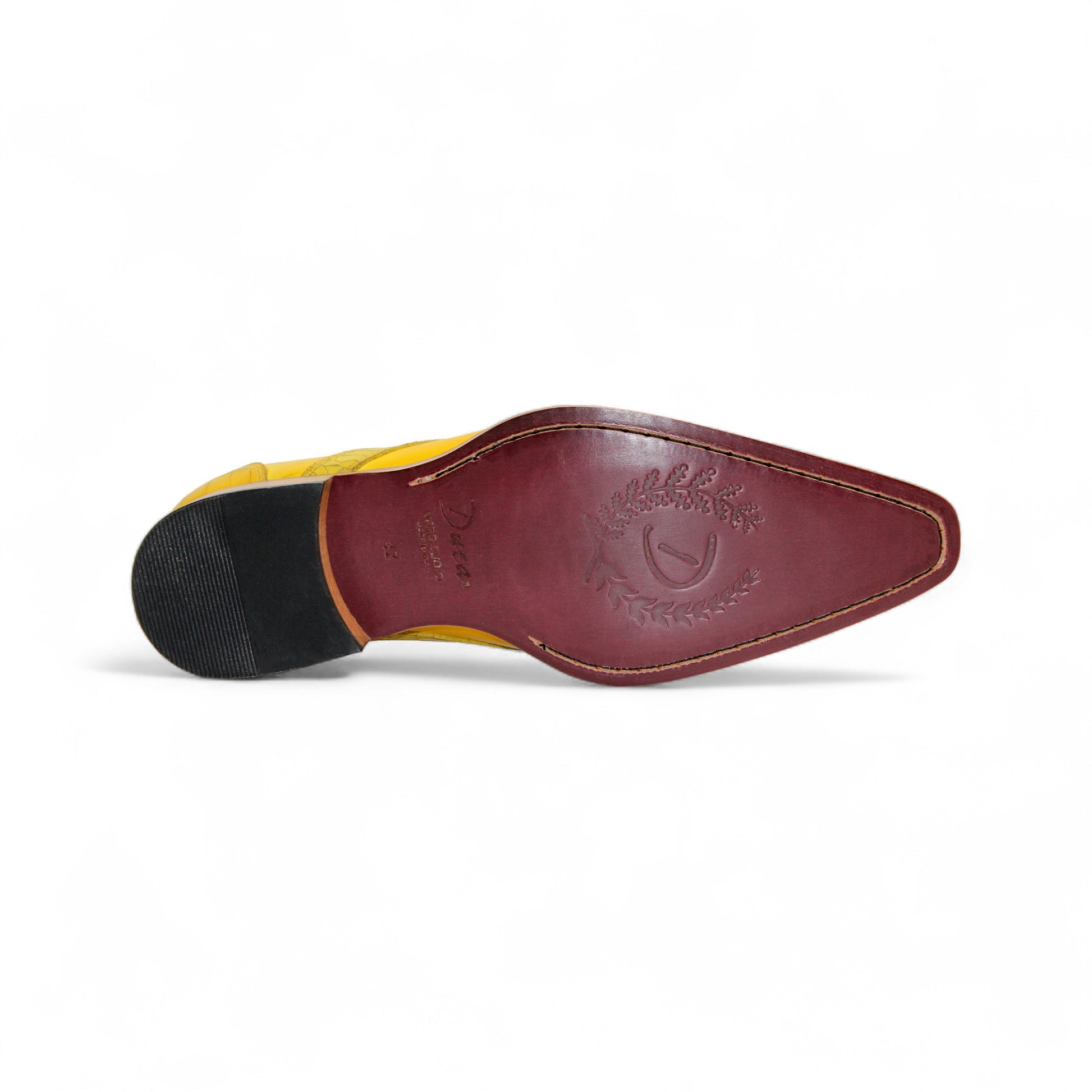 The Duca Di Matiste Duca Trento Yellow is a yellow leather slip-on dress shoe with croco embossing and a wooden sole, shown side view on a white background.