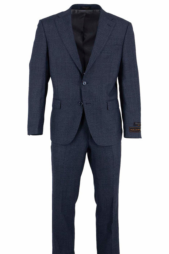 The Tiglio Luxe Slate Grey with Windowpane Dolcetto Modern Fit Pure Wool Suit TL3156 features a single-breasted jacket and matching trousers, crafted from fine Italian wool, displayed on a white background.