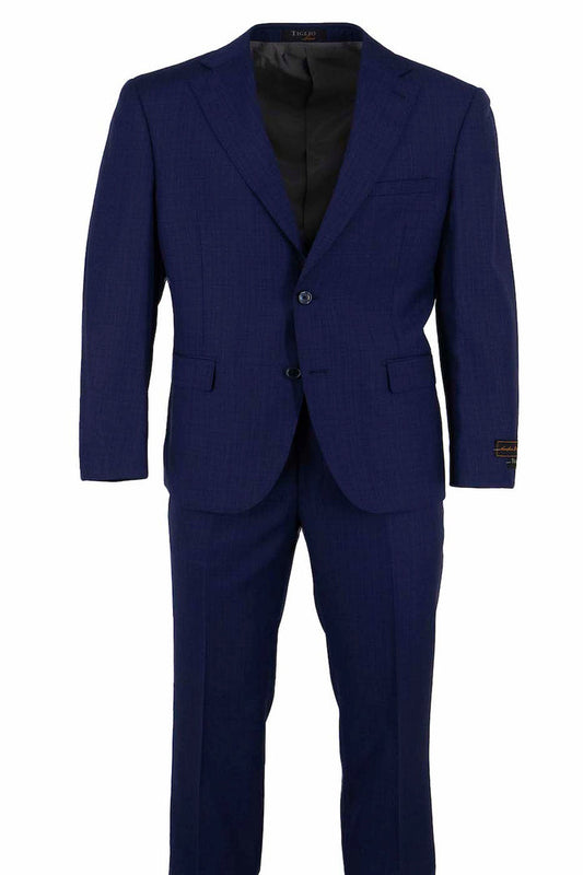 The Tiglio Luxe Navy with Black Mini Check Dolcetto Modern Fit Pure Wool Suit TL2550 by Tiglio Luxe features classic European styling, a notched lapel blazer, and matching trousers, all crafted from fine Italian fabrics and shown on a white background.