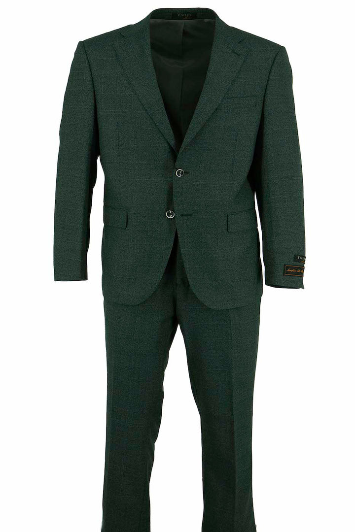 The Tiglio Luxe Peacock Green with Blue Windowpane Porto Slim Fit Pure Wool Suit TL3155 features a notch lapel, two-button front, and front flap pockets—a classic tailored men's suit by Tiglio Luxe.