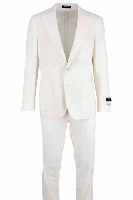 The Tiglio Luxe Dolcetto Modern Fit Suit TL4000 features a white, pure linen two-piece design with a single-breasted blazer and matching trousers, expertly crafted in Italy from pure wool. Displayed on a plain background.