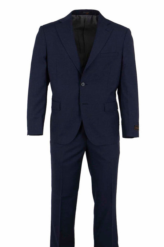 The Tiglio Luxe Navy Micro-Design Dolcetto Modern Fit Pure Wool Suit TL4055 features a single-breasted jacket and matching trousers, showcased on a white background—classic Italian-inspired men's fashion by Tiglio Luxe.