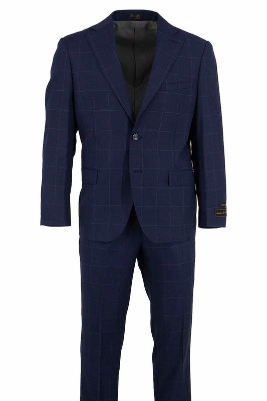 The Tiglio Luxe Navy with Windowpane Dolcetto Modern Fit Pure Wool Suit TL4082 features a single-breasted jacket, two front pockets, and matching trousers—showcasing timeless style in premium Italian wool.