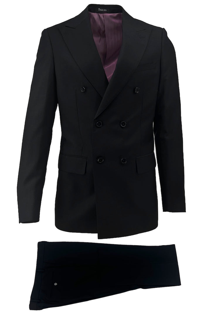 The Tiglio Luxe Black Santorini, Slim Fit Pure Wool Men’s Suit (TIG1001) features a double-breasted jacket with peak lapels, purple lining, and matching trousers, shown on a white background—showcasing Italian elegance.