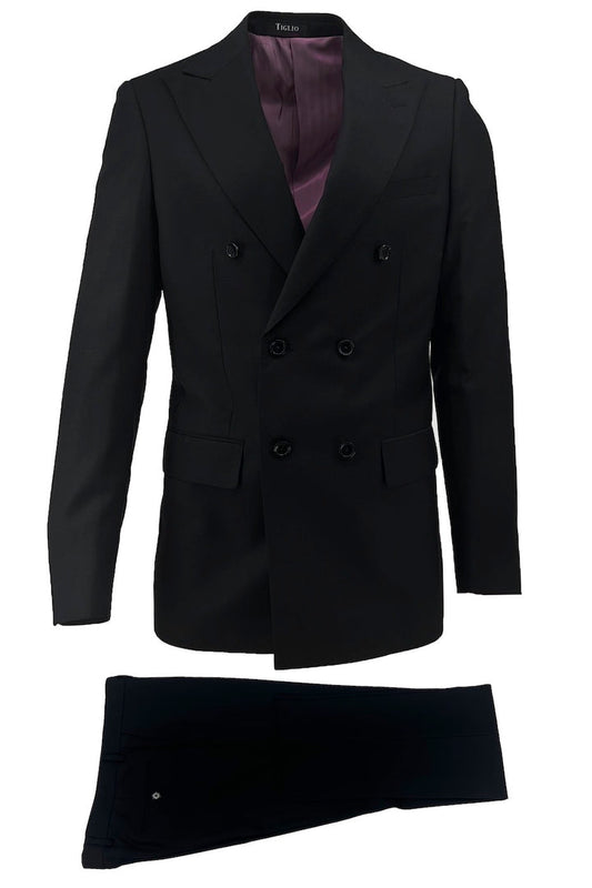 The Tiglio Luxe Black Santorini, Slim Fit Pure Wool Men’s Suit (TIG1001) features a double-breasted jacket with peak lapels, purple lining, and matching trousers, shown on a white background—showcasing Italian elegance.