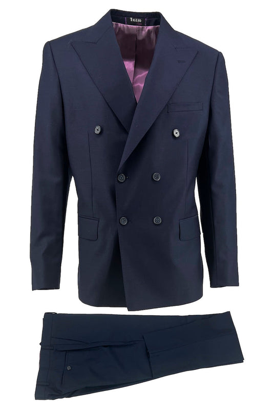 The Tiglio Luxe New Blue Santorini, Slim Fit Pure Wool Men’s Suit TIG1036 highlights refined tailored style with a double-breasted jacket and matching trousers, crafted in pure wool by Tiglio Luxe against a white background.