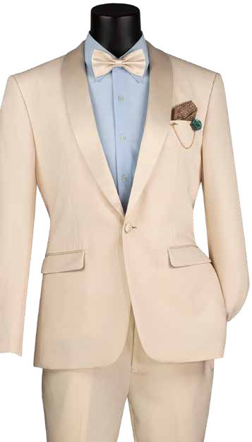 The Vinci Suits Slim Fit 2 Piece Stretch Fabric Suit in Champagne (TSS-2) features a sharp silhouette with a cream-colored tuxedo, light blue shirt, matching bow tie, and pocket square. The adjustable waistband provides customizable comfort.