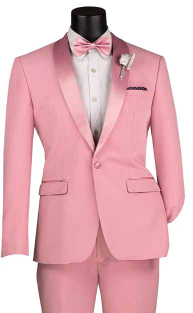 The Slim Fit 2 Piece Stretch Fabric Suit Dusty Rose TSS-2 by Vinci Suits includes a pink single-breasted jacket with satin lapels, a crisp white shirt, a matching pink bow tie, and an elegant flower boutonniere. An adjustable waistband adds comfort and style, with a pocket square completing the look.
