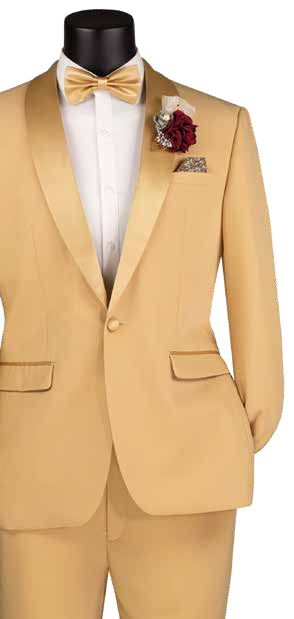 A mannequin is dressed in the Vinci Suits Slim Fit 2 Piece Stretch Fabric Suit Light Gold TSS-2, complemented by a matching bow tie, white shirt, and red flower boutonniere. Its single-breasted design adds modern sophistication to the classic look.