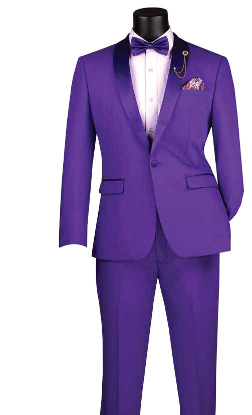 Vinci Suits' Slim Fit 2 Piece Stretch Fabric Suit Royal Purple TSS-2, featuring a satin lapel, is displayed on a black mannequin torso. It is paired with a white shirt, purple bow tie, and patterned pocket square, showcasing its single-breasted design for sleek sophistication.