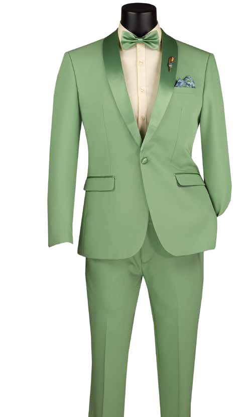 Displayed on a mannequin, the Slim Fit 2 Piece Stretch Fabric Suit Sage TSS-2 by Vinci Suits is paired with a matching bow tie, cream shirt, and patterned pocket square. This single-breasted suit is expertly tailored for an elegant look.