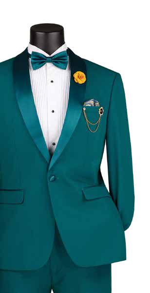 The Slim Fit 2 Piece Stretch Fabric Suit Teal TSS-2 by Vinci Suits features a satin lapel, white pleated shirt, teal bow tie, yellow boutonnière, pocket square, and chain accessory, offering a modern look with an adjustable waistband for ultimate comfort.