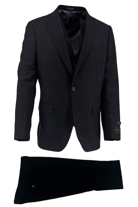 The Tiglio Luxe Black Dolcetto Modern Fit Pure Wool Suit and Vest TIG1001 by Tiglio Luxe is a men's two-piece suit with European styling, including a matching jacket and trousers, shown on a white background.