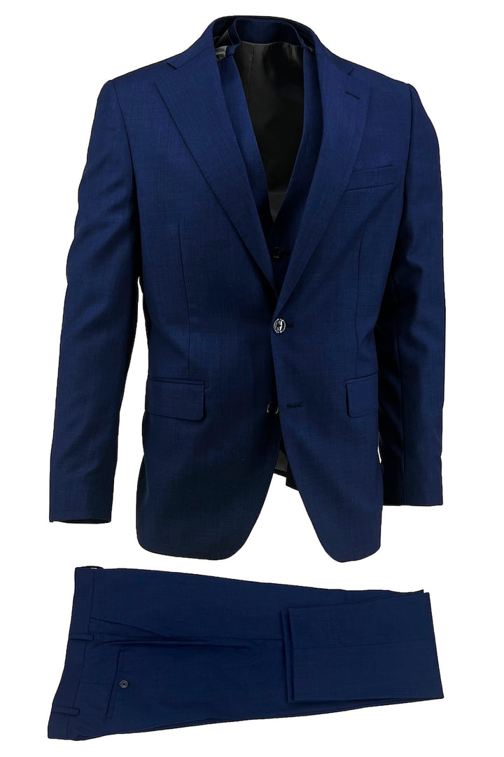 The Tiglio Luxe New Blue Dolcetto Modern Fit Pure Wool Suit and Vest TS4066/2 features a single-breasted blazer, matching trousers, and vest. Made from premium Italian wool, it is shown against a white background.
