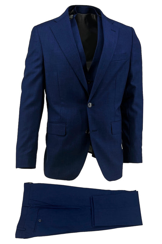 The Tiglio Luxe New Blue Dolcetto Modern Fit Pure Wool Suit and Vest TS4066/2 features a single-breasted blazer, matching trousers, and vest. Made from premium Italian wool, it is shown against a white background.
