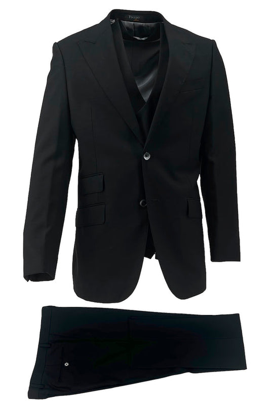 The Tiglio Luxe Black Prosecco Modern Fit Pure Wool Suit & Vest (TIG1001) by Tiglio Luxe features a matching jacket, waistcoat, and trousers in pure wool, displayed on a white background.