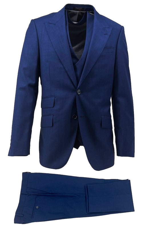 The Tiglio Luxe New Blue Prosecco Modern Fit Pure Wool Suit & Vest TS4066/2 features European styling, notch lapels, a single-breasted jacket, matching waistcoat and trousers, all displayed on a white background.