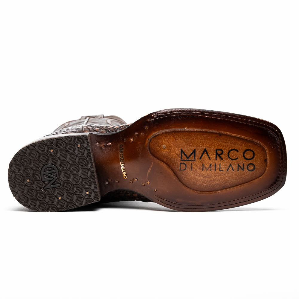 A pair of Marco Di Milano Tucson Aged Brown cowboy boots with textured caiman belly leather—one boot stands upright while the other displays its sole, branded "Marco di Milano.