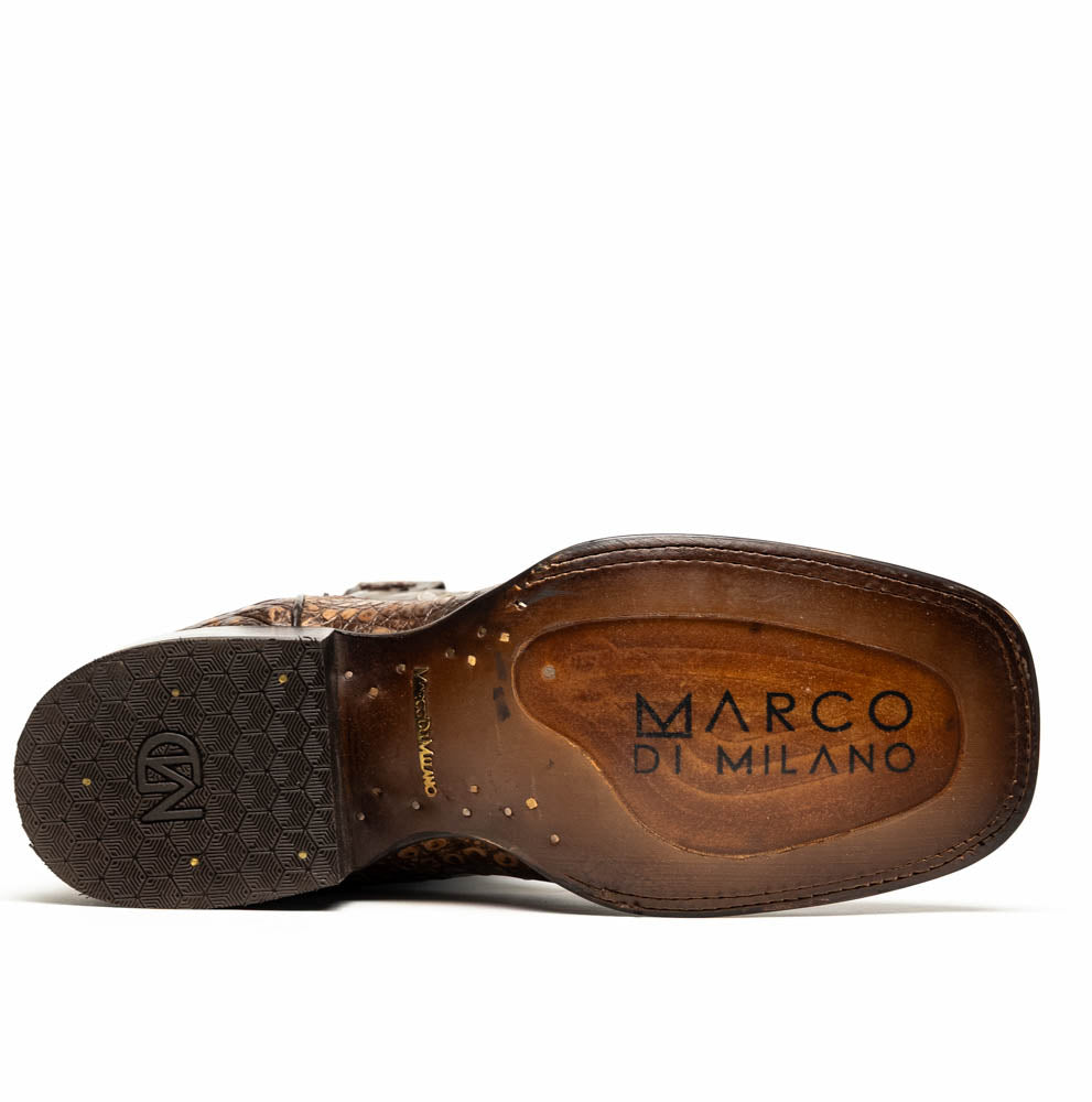 A pair of Tucson Stone Brown cowboy boots by Marco Di Milano, featuring brown leather with a reptile texture and square toe; one boot stands upright, the other displays its sole labeled with the brand.
