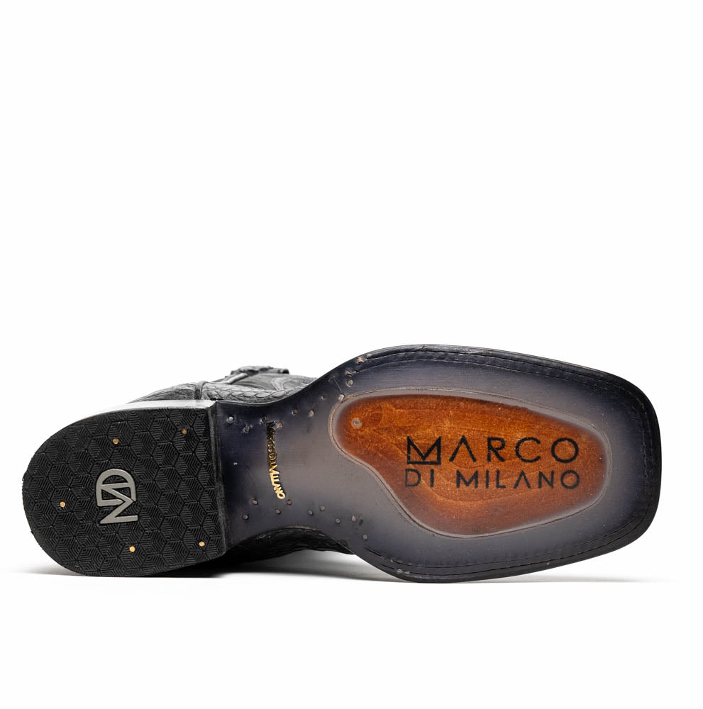 A pair of Tucson Stone Gray cowboy boots by Marco Di Milano with exotic textured leather, detailed white stitching, red inner lining, and the brand logo on the sole.