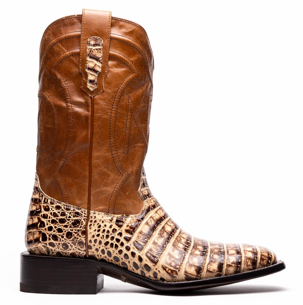 The Marco Di Milano Tucson Stone Orix boots feature genuine caiman belly with brown leather uppers and a crocodile pattern lower, shown from the side and sole.