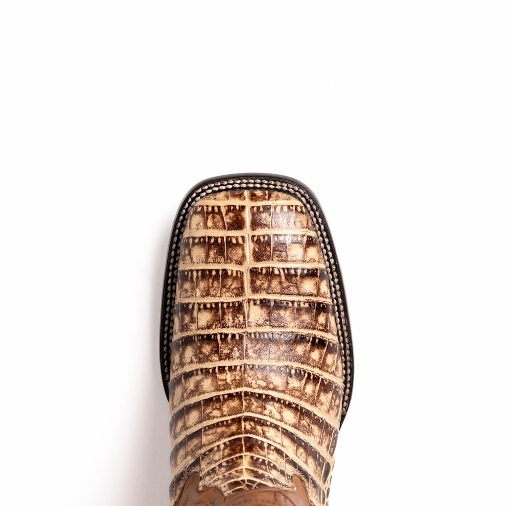 The Marco Di Milano Tucson Stone Orix boots feature genuine caiman belly with brown leather uppers and a crocodile pattern lower, shown from the side and sole.