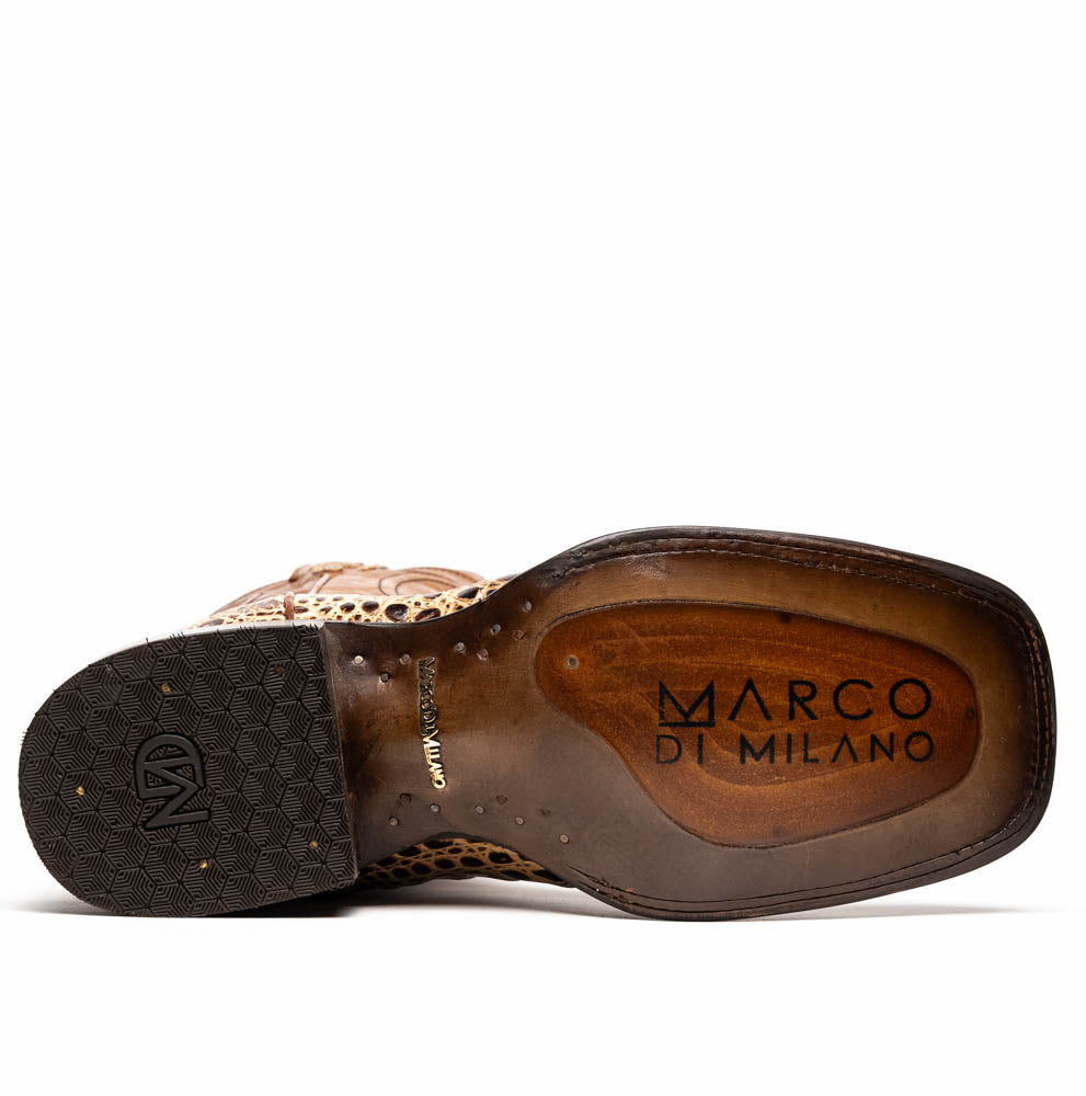 The Marco Di Milano Tucson Stone Orix boots feature genuine caiman belly with brown leather uppers and a crocodile pattern lower, shown from the side and sole.
