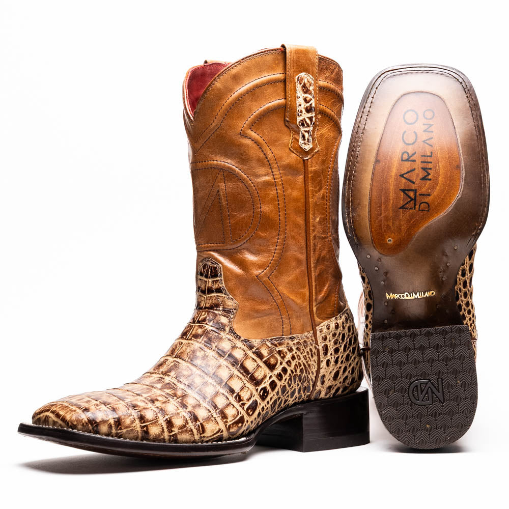 The Marco Di Milano Tucson Stone Orix boots feature genuine caiman belly with brown leather uppers and a crocodile pattern lower, shown from the side and sole.