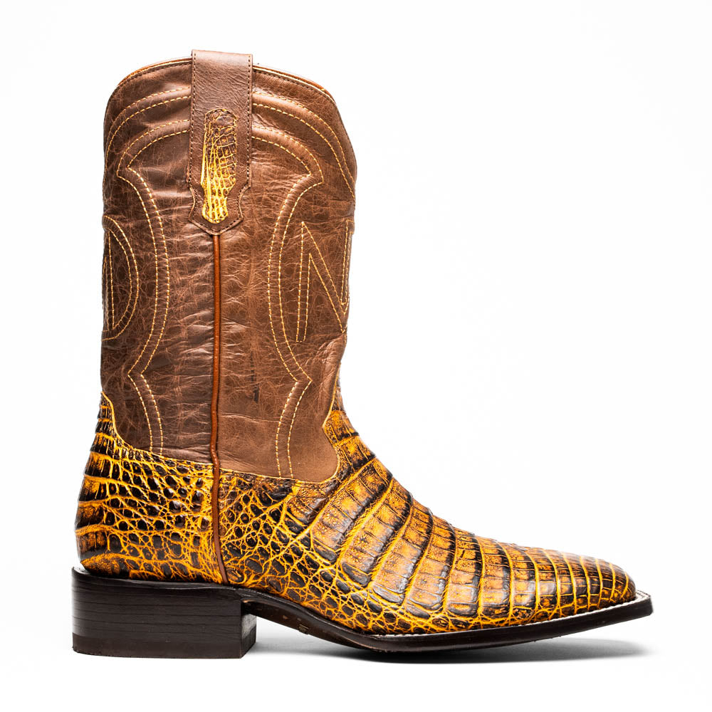 The Marco Di Milano Tucson Mustard Brown men's Western boots feature brown leather uppers and yellow genuine caiman belly skin lowers; one boot stands upright, the other shows the signature square toe cowboy boot sole.