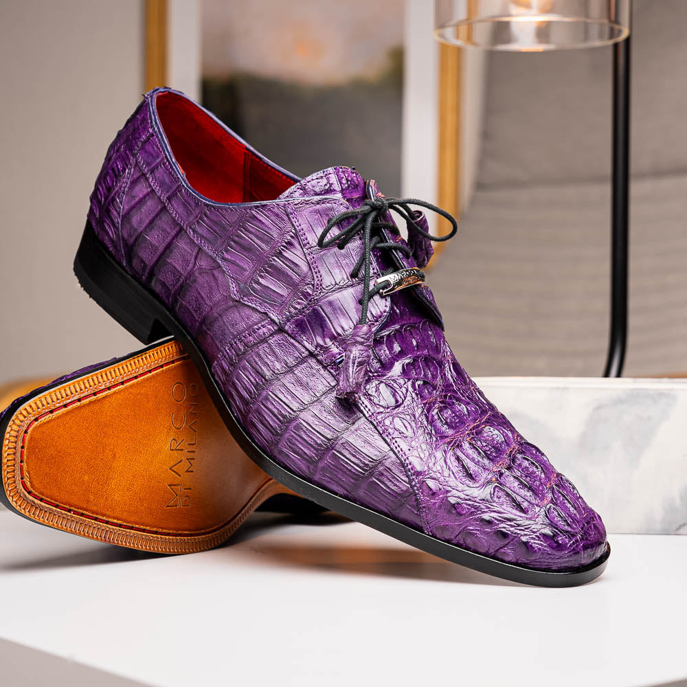 A pair of luxury Marco Di Milano Tulum Purple derby shoes crafted from genuine caiman leather, one upright and one showing the tan sole with "Marco Di Milano" branding.