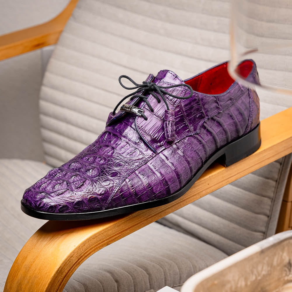 A pair of luxury Marco Di Milano Tulum Purple derby shoes crafted from genuine caiman leather, one upright and one showing the tan sole with "Marco Di Milano" branding.