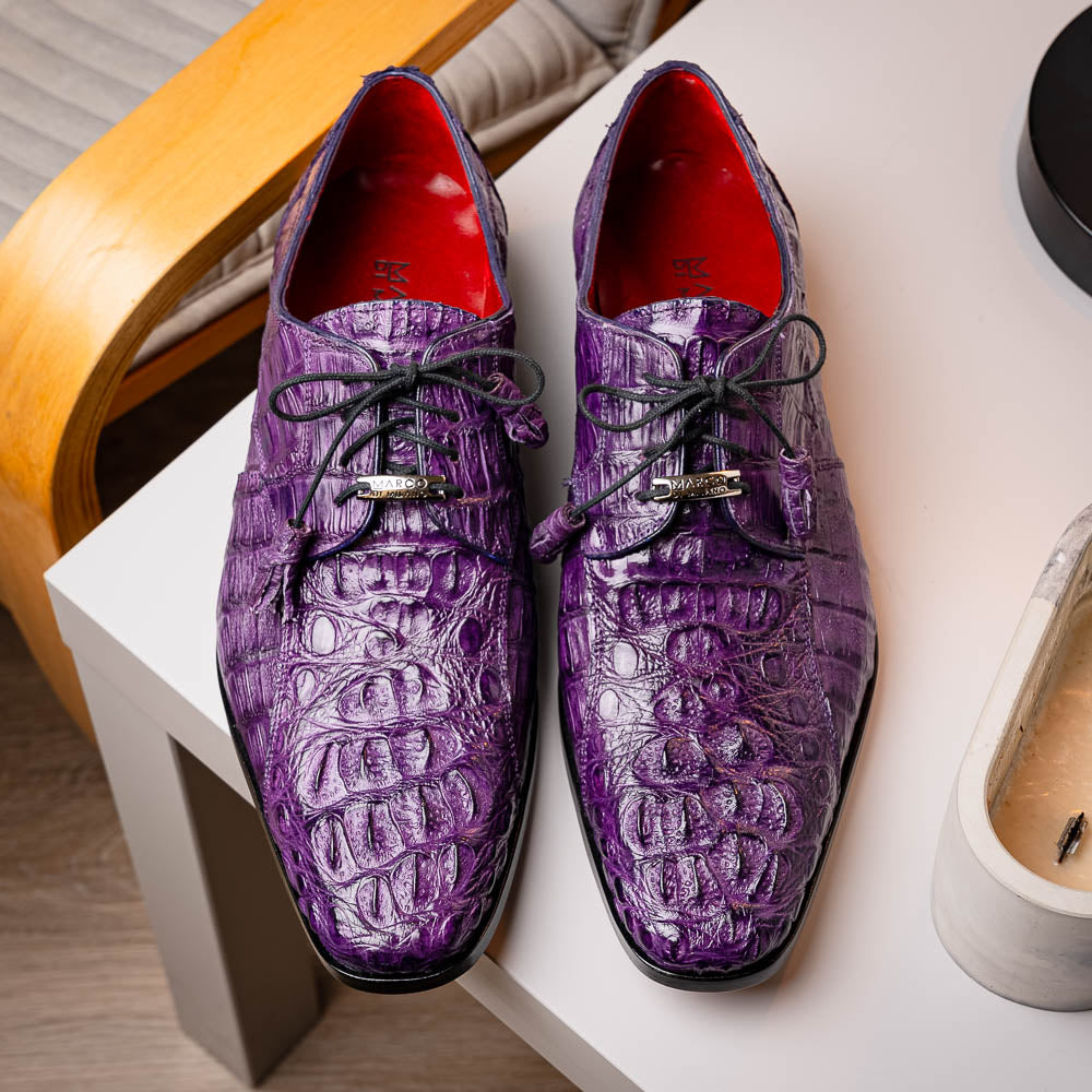 A pair of luxury Marco Di Milano Tulum Purple derby shoes crafted from genuine caiman leather, one upright and one showing the tan sole with "Marco Di Milano" branding.