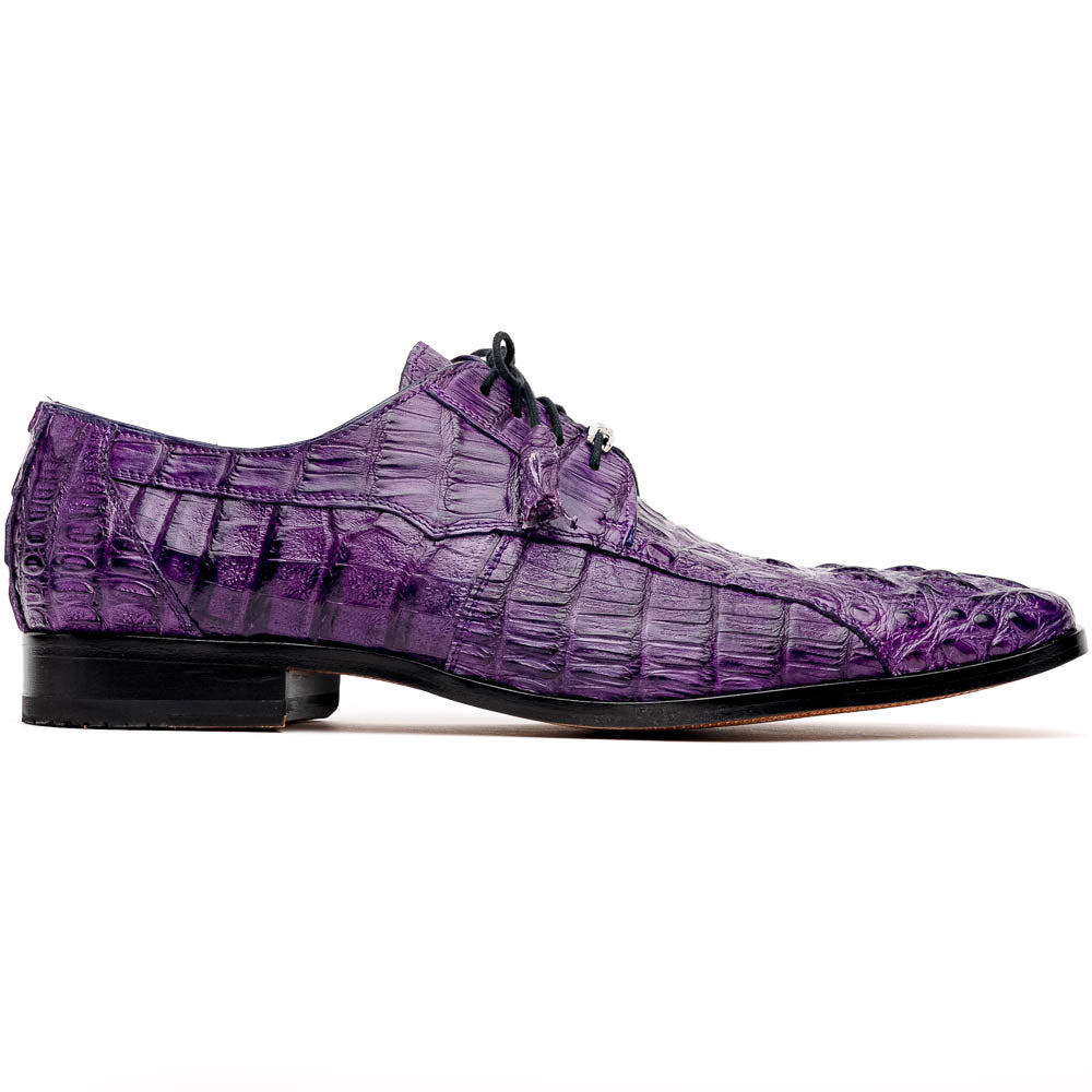 A pair of luxury Marco Di Milano Tulum Purple derby shoes crafted from genuine caiman leather, one upright and one showing the tan sole with "Marco Di Milano" branding.