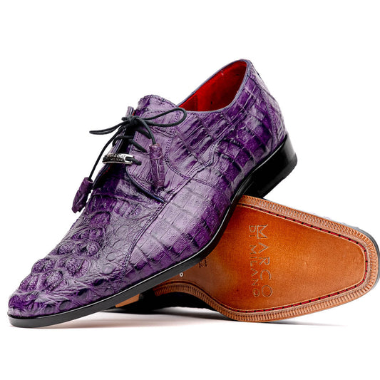 A pair of luxury Marco Di Milano Tulum Purple derby shoes crafted from genuine caiman leather, one upright and one showing the tan sole with "Marco Di Milano" branding.
