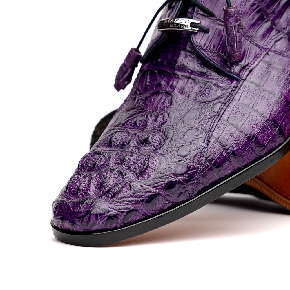 A pair of luxury Marco Di Milano Tulum Purple derby shoes crafted from genuine caiman leather, one upright and one showing the tan sole with "Marco Di Milano" branding.