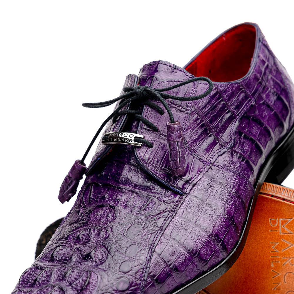 A pair of luxury Marco Di Milano Tulum Purple derby shoes crafted from genuine caiman leather, one upright and one showing the tan sole with "Marco Di Milano" branding.