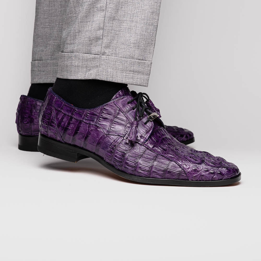 A pair of luxury Marco Di Milano Tulum Purple derby shoes crafted from genuine caiman leather, one upright and one showing the tan sole with "Marco Di Milano" branding.