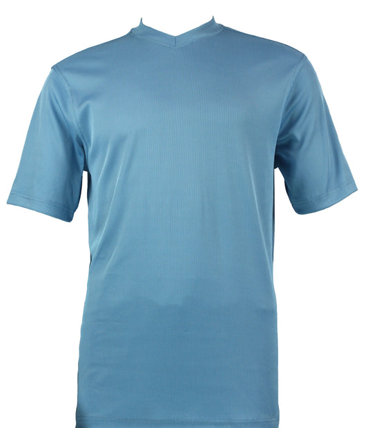 Introducing the Bassiri S/S V-Neck Turquoise T-Shirt 219: a turquoise short-sleeve V-neck crafted from a luxurious microfiber-spandex blend, presented by Bassiri against a crisp white backdrop.