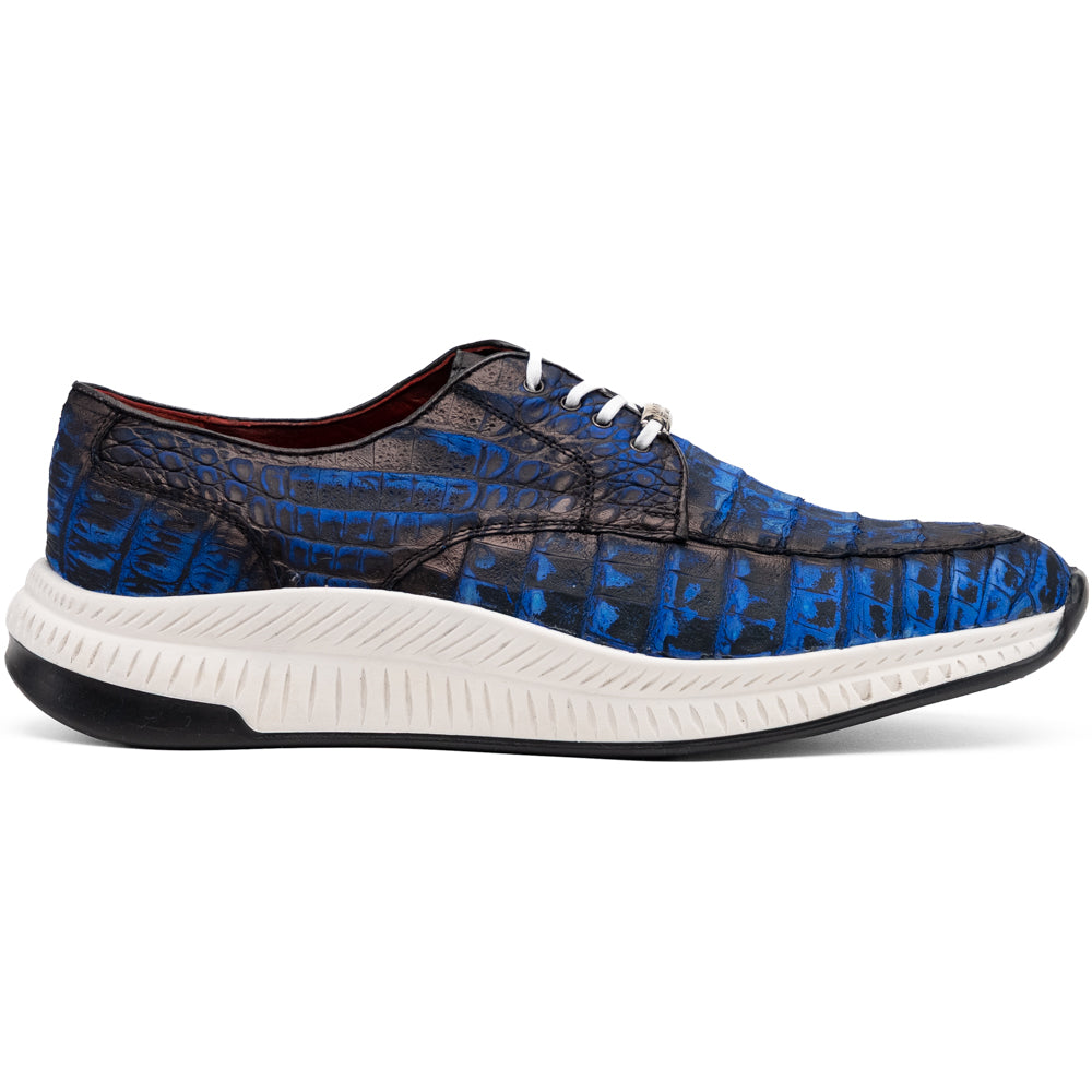 Marco Di Milano Tuscani Electric Blue exotic leather sneaker with a textured pattern and a thick white and black rubber sole.