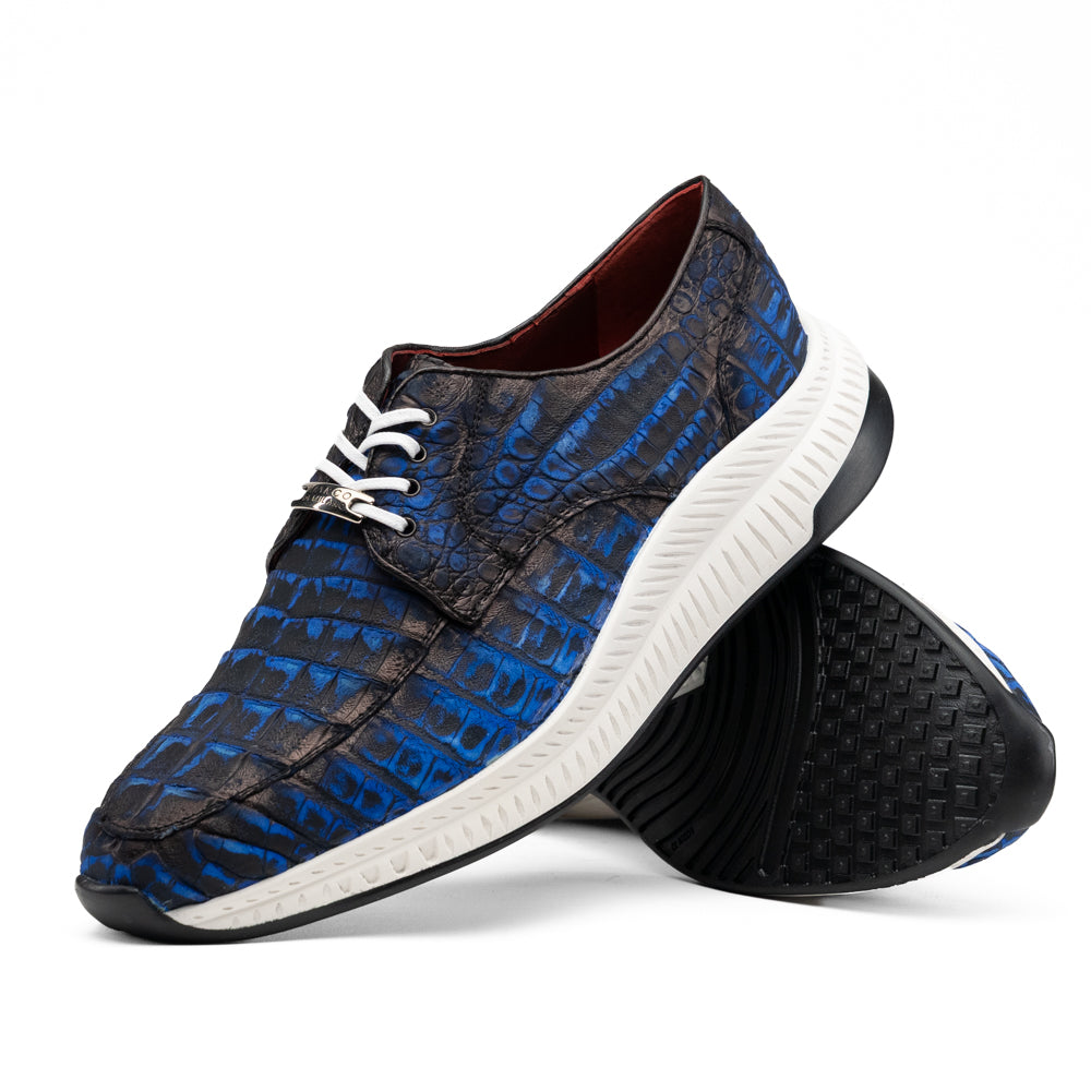 Marco Di Milano Tuscani Electric Blue exotic leather sneaker with a textured pattern and a thick white and black rubber sole.