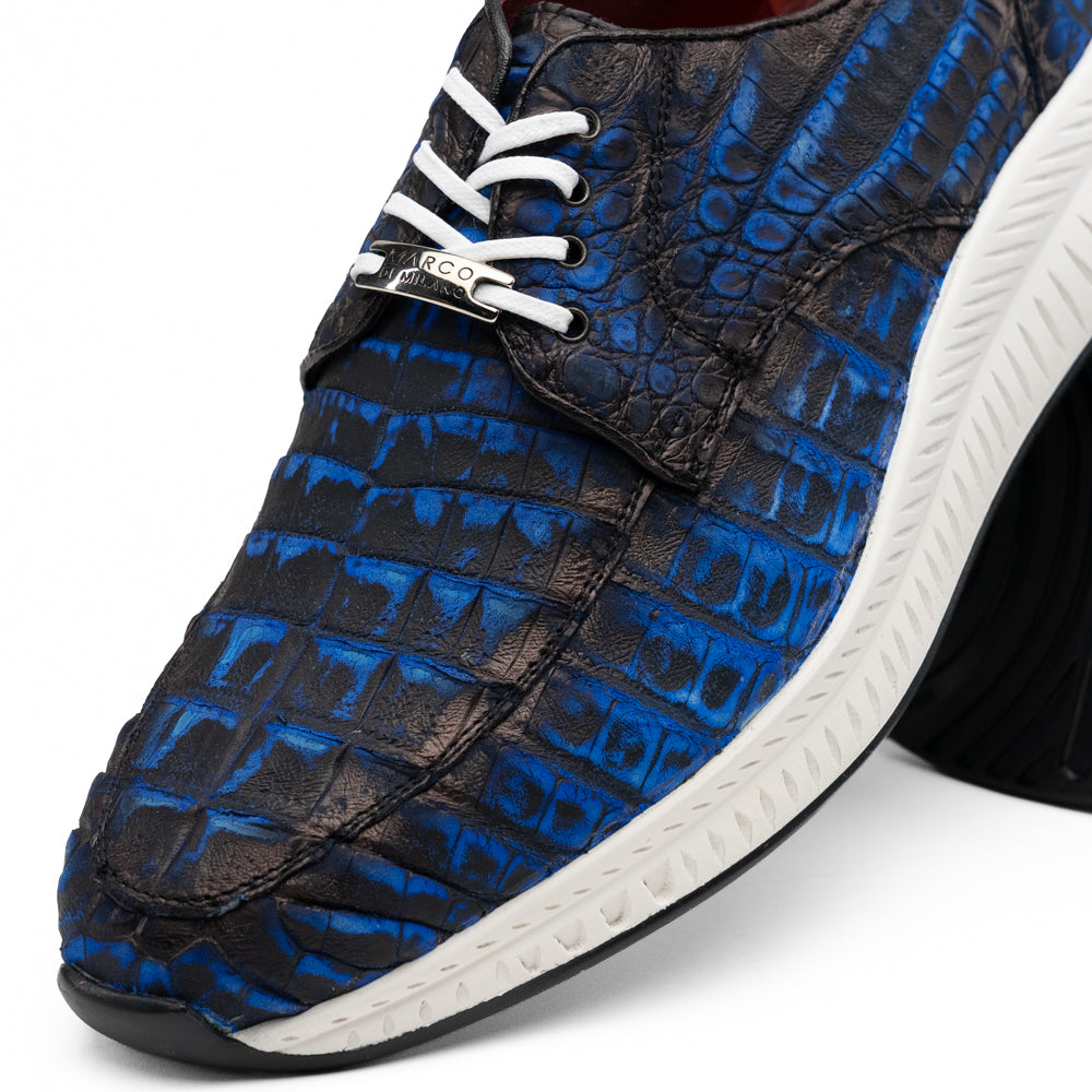 Marco Di Milano Tuscani Electric Blue exotic leather sneaker with a textured pattern and a thick white and black rubber sole.