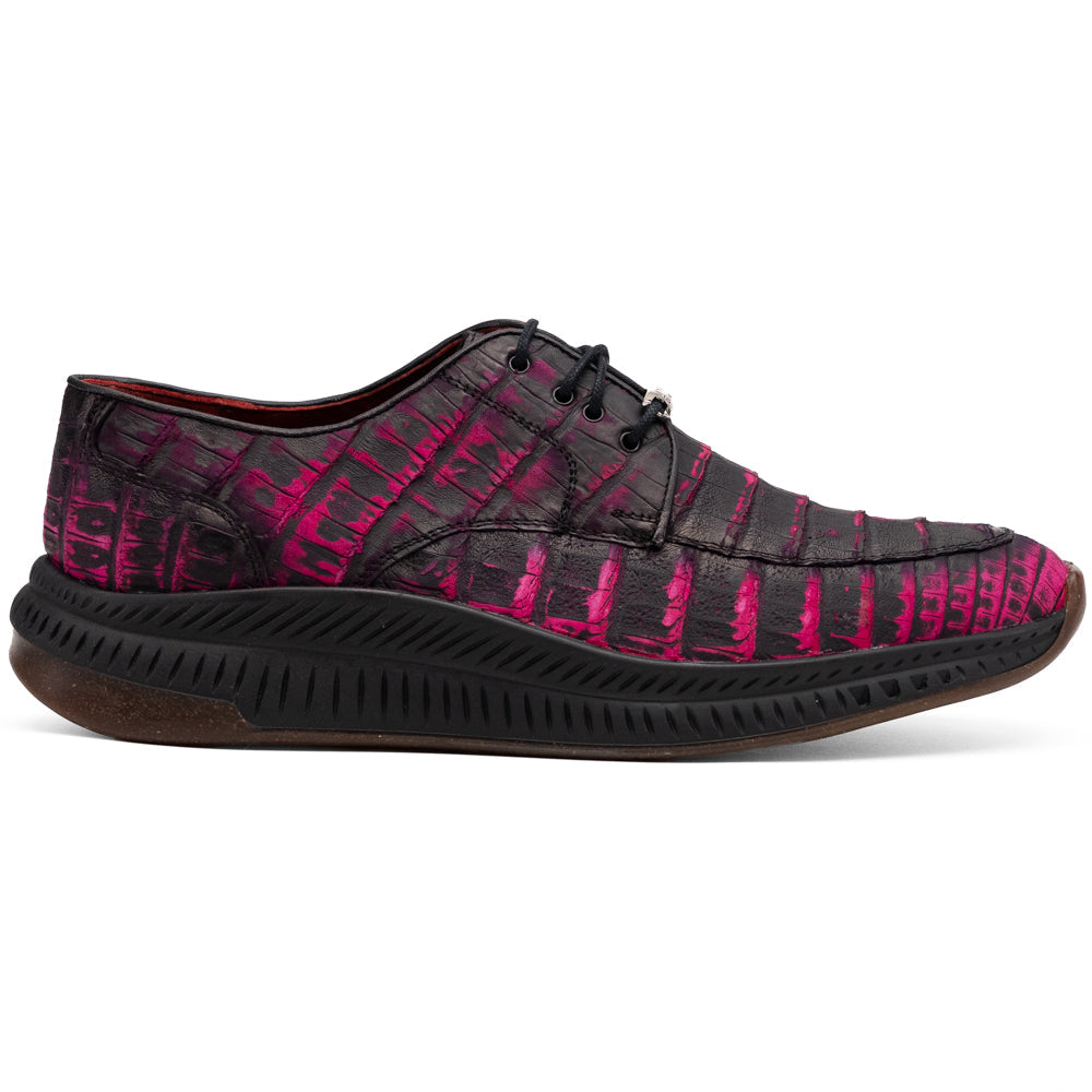 Marco Di Milano Tuscani Rustic Pink low-top lace-up genuine caiman belly sneaker featuring a pink and black crocodile-embossed texture and a dark brown ridged sole.