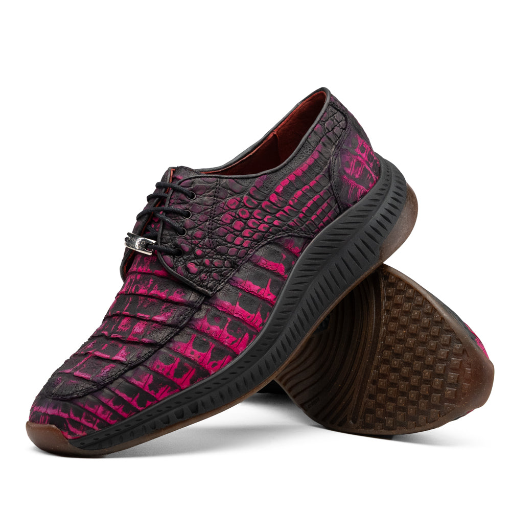 Marco Di Milano Tuscani Rustic Pink low-top lace-up genuine caiman belly sneaker featuring a pink and black crocodile-embossed texture and a dark brown ridged sole.