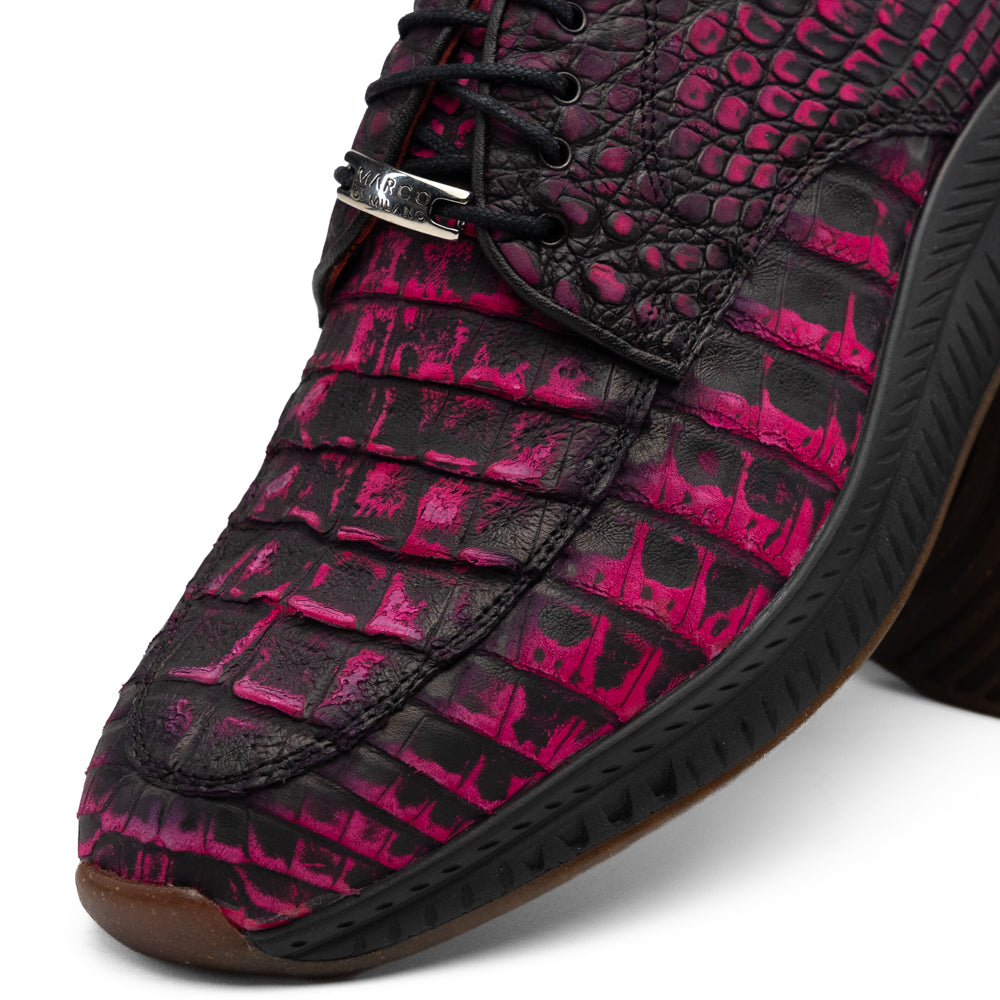 Marco Di Milano Tuscani Rustic Pink low-top lace-up genuine caiman belly sneaker featuring a pink and black crocodile-embossed texture and a dark brown ridged sole.