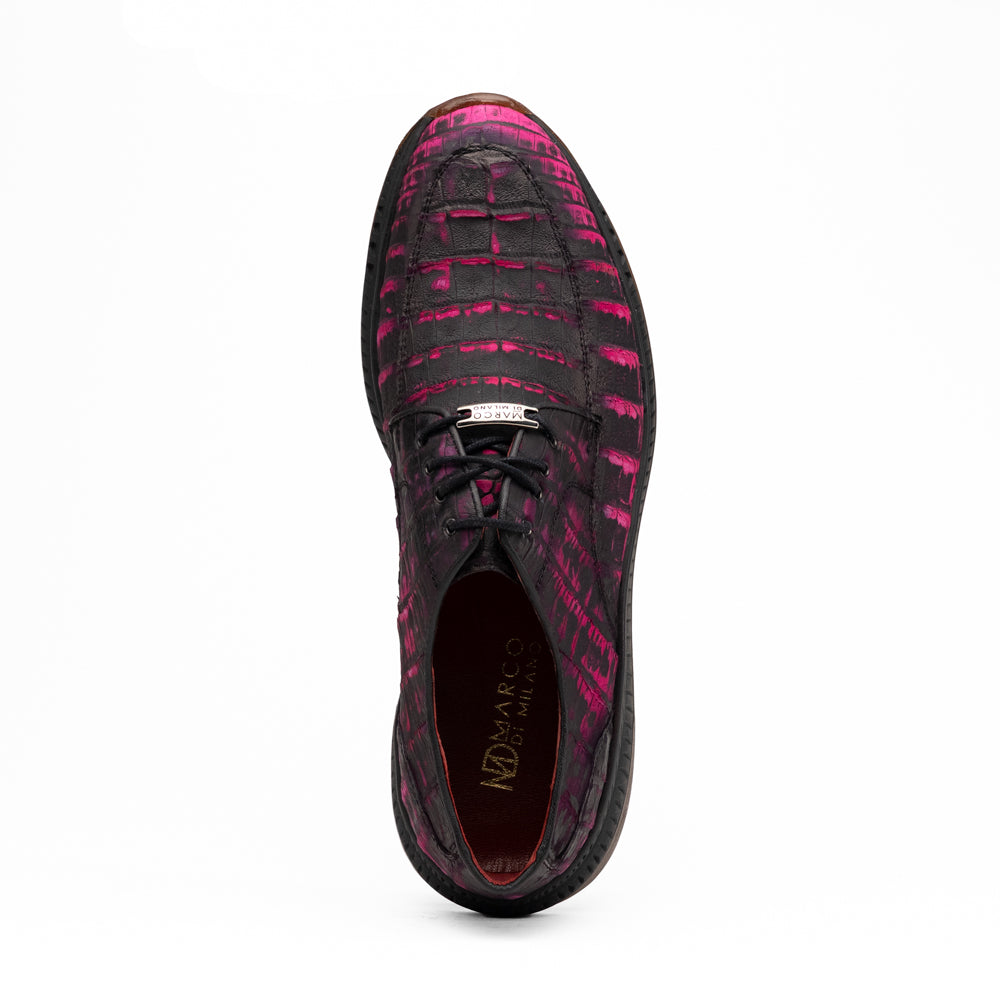 Marco Di Milano Tuscani Rustic Pink low-top lace-up genuine caiman belly sneaker featuring a pink and black crocodile-embossed texture and a dark brown ridged sole.