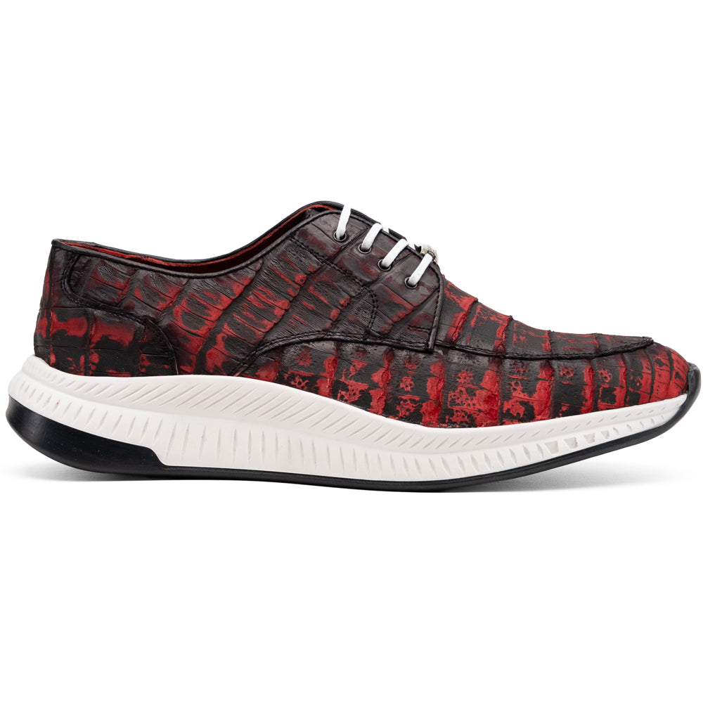 Marco Di Milano Tuscani Rustic Red sneaker in red and black textured exotic leather with a white foam midsole and black rubber outsole.